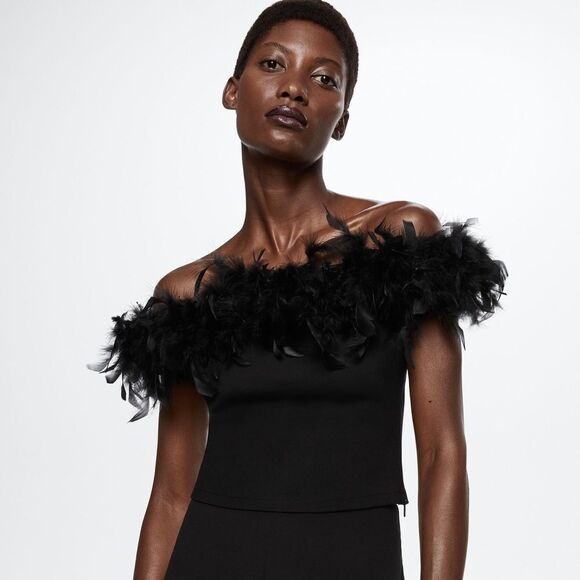 Mango off shoulder crop top with feathers - Picture 6 of 9